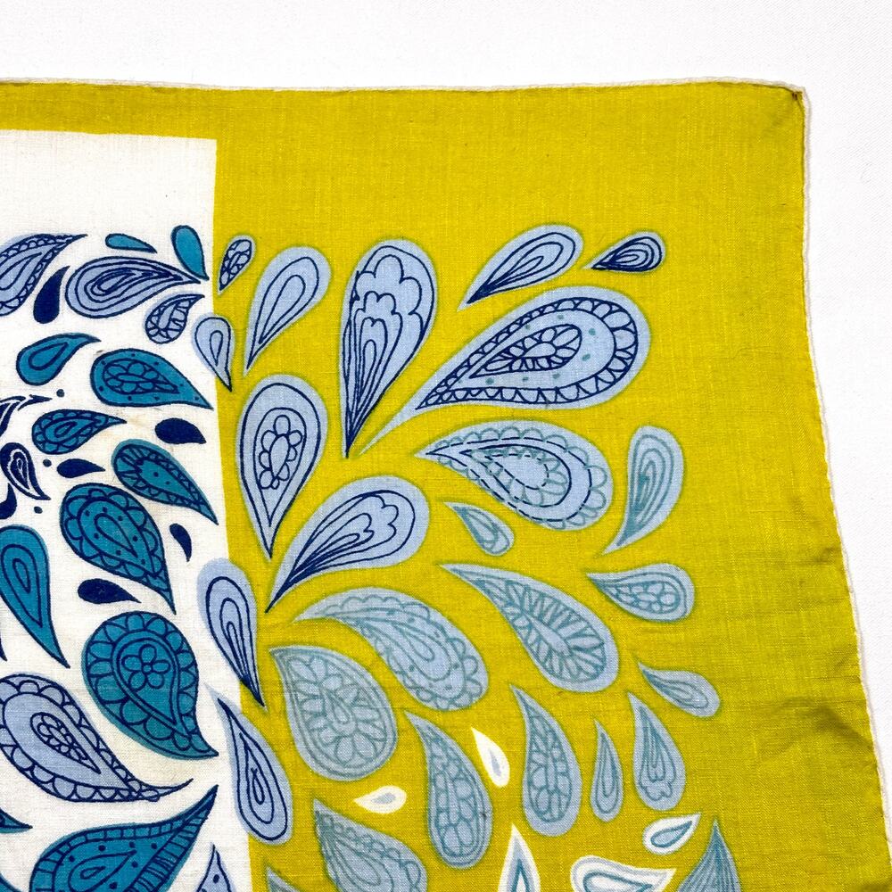 Vintage 50s 60s Signed Kati Handkerchief Paisley Chartreuse Blue Cotton Hanky - Picture 4 of 7